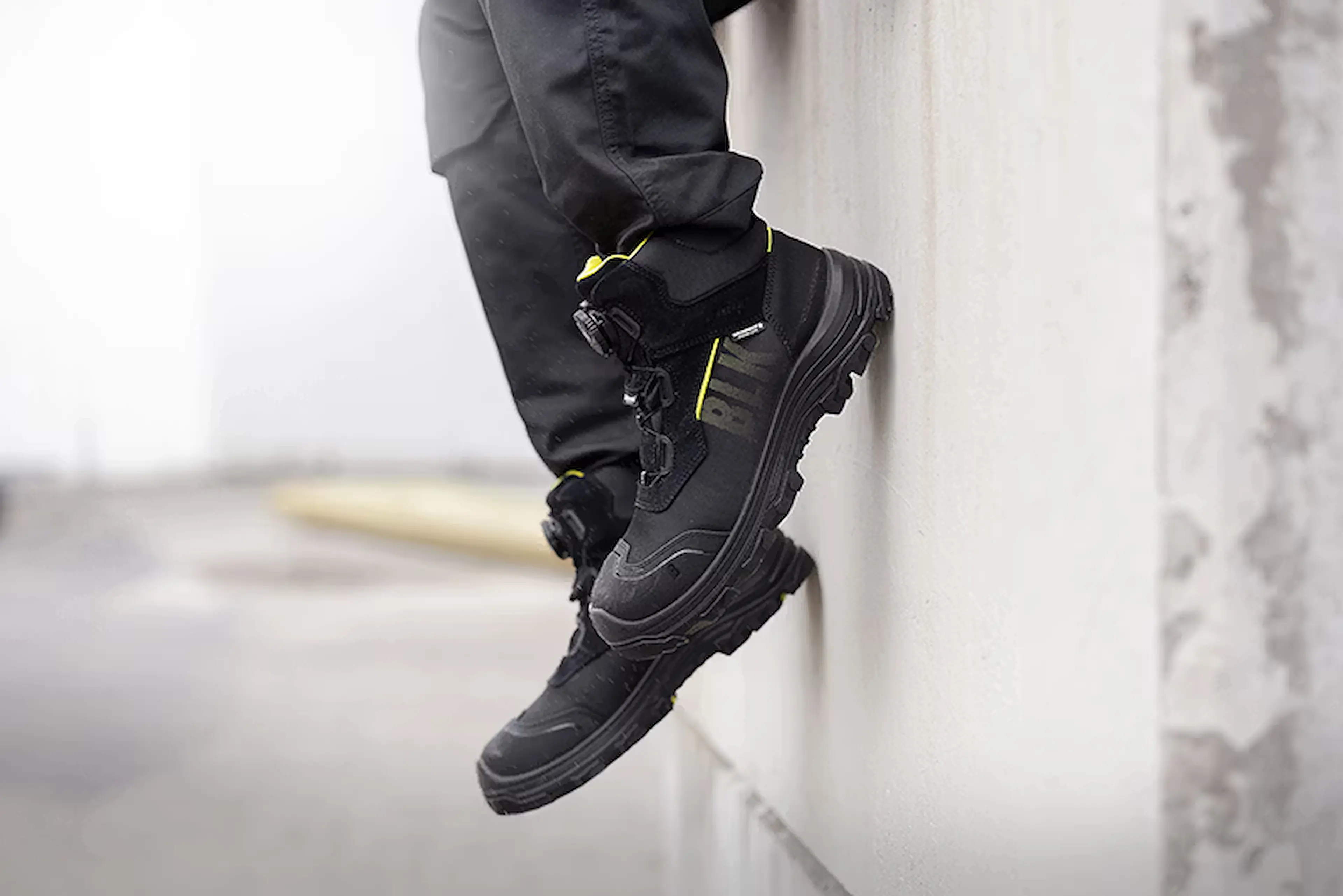 Blåkläder waterproof safety boots with BOA® fit system in action, delivering secure support, strong grip, and reliable performance on demanding surfaces.